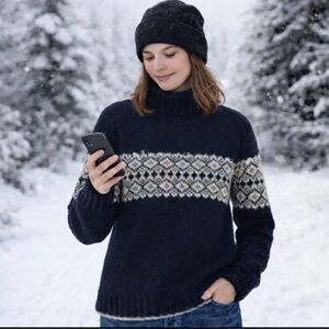 Vintage Women's GAP 90s Y2K Black Ivory Turtle Neck Sweater Wool Nordic L* READ